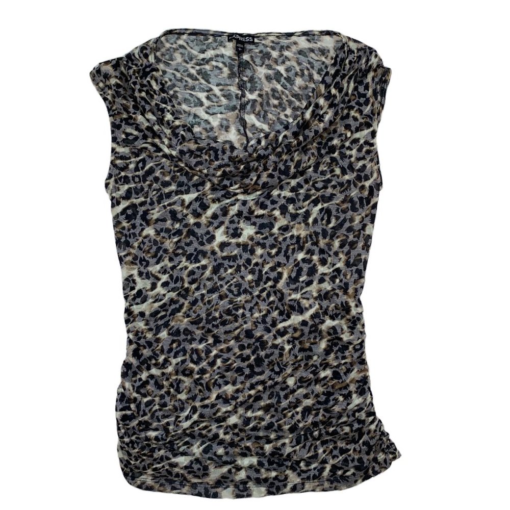 Express burn out leopard animal print rouched sides cowl neck S top 0517